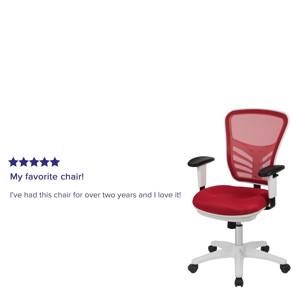 Mid-Back Red Mesh Multifunction Executive Swivel Office Chair and White Frame. Picture 5
