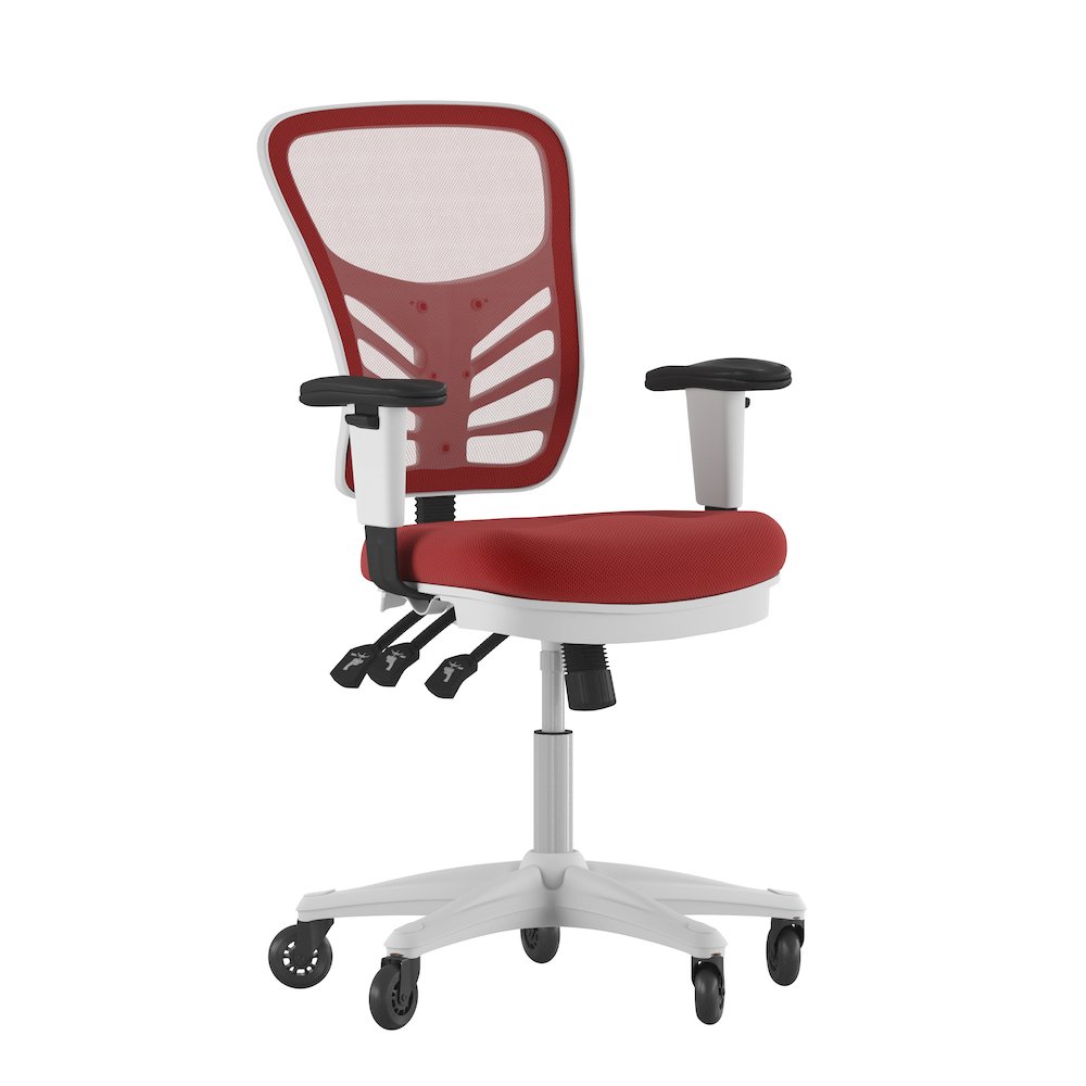 Mid-Back Red Mesh Multifunction Executive Office Chair and White Frame. Picture 1