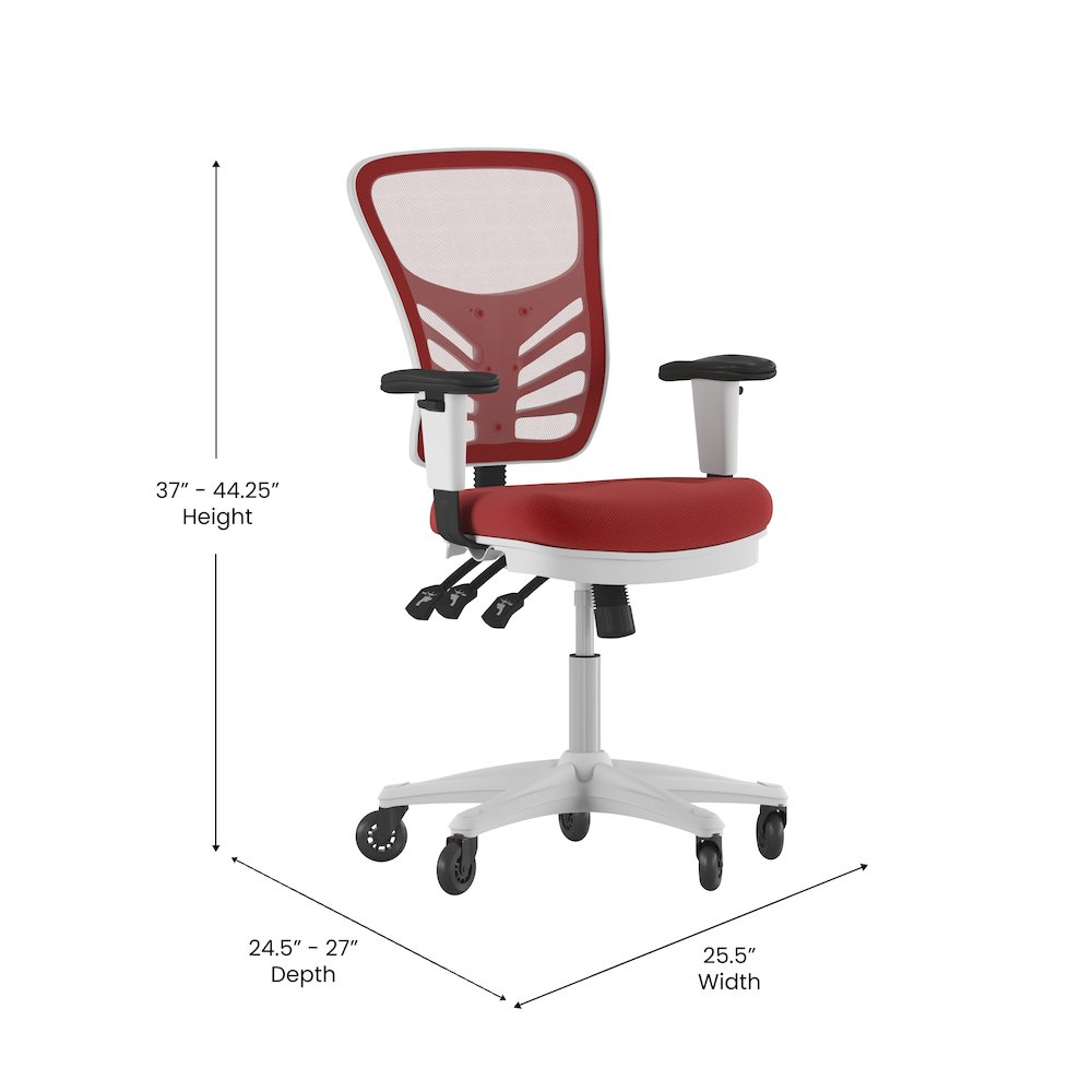 Mid-Back Red Mesh Multifunction Executive Office Chair and White Frame. Picture 5