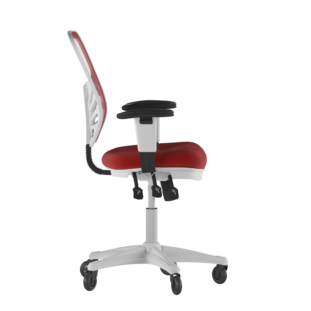 Mid-Back Red Mesh Multifunction Executive Office Chair and White Frame. Picture 8