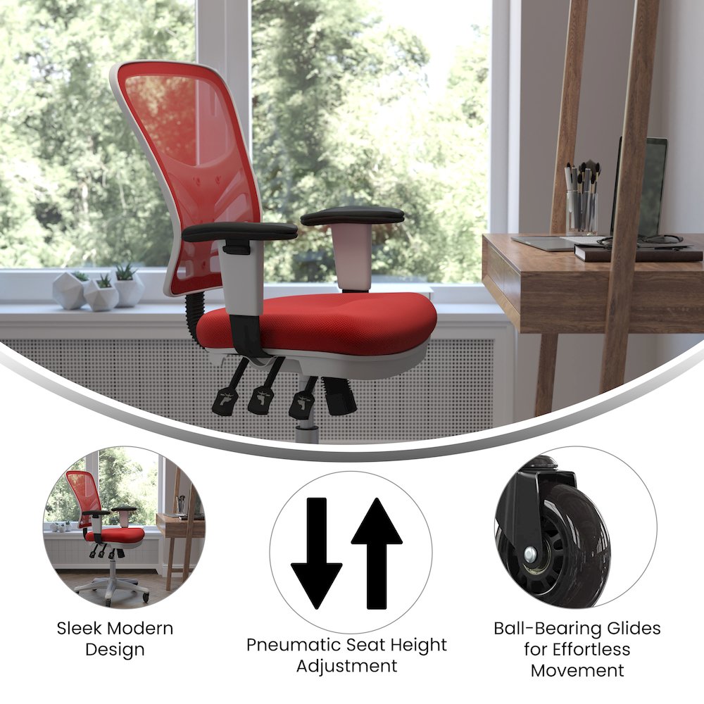 Mid-Back Red Mesh Multifunction Executive Office Chair and White Frame. Picture 4