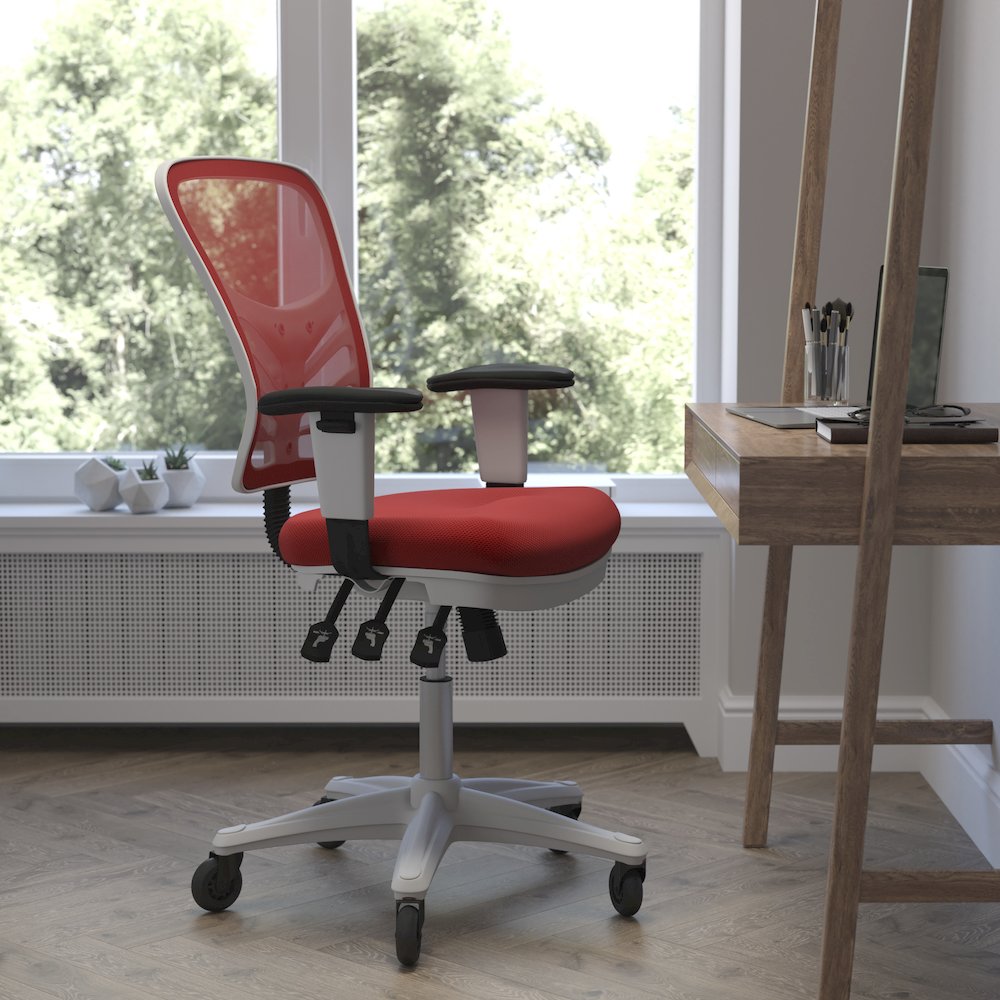 Mid-Back Red Mesh Multifunction Executive Office Chair and White Frame. Picture 2
