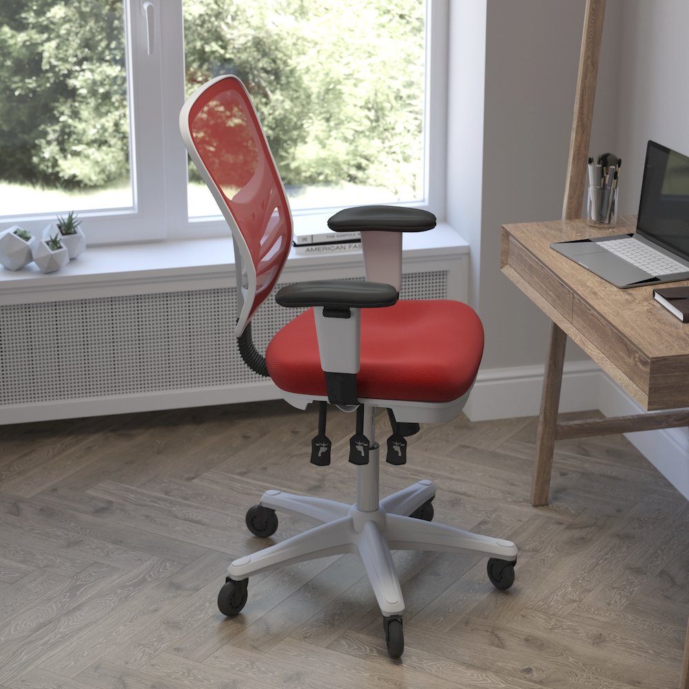 Mid-Back Red Mesh Multifunction Executive Office Chair and White Frame. Picture 6