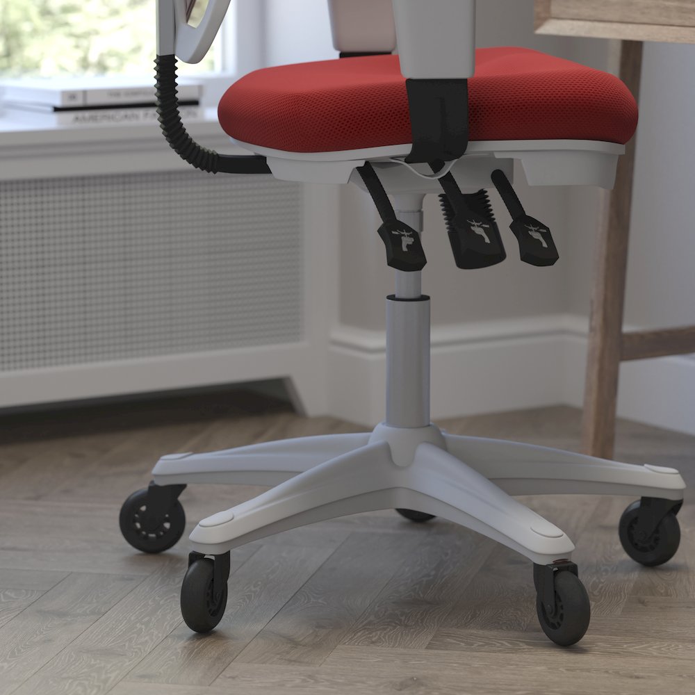 Mid-Back Red Mesh Multifunction Executive Office Chair and White Frame. Picture 7