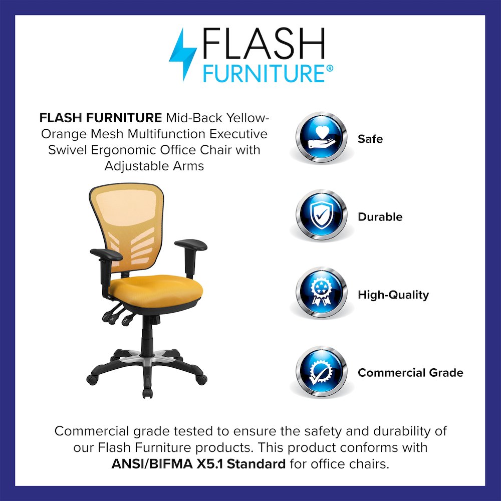 Mid-Back Yellow-Orange Mesh Multifunction Executive Swivel Office Chair. Picture 4