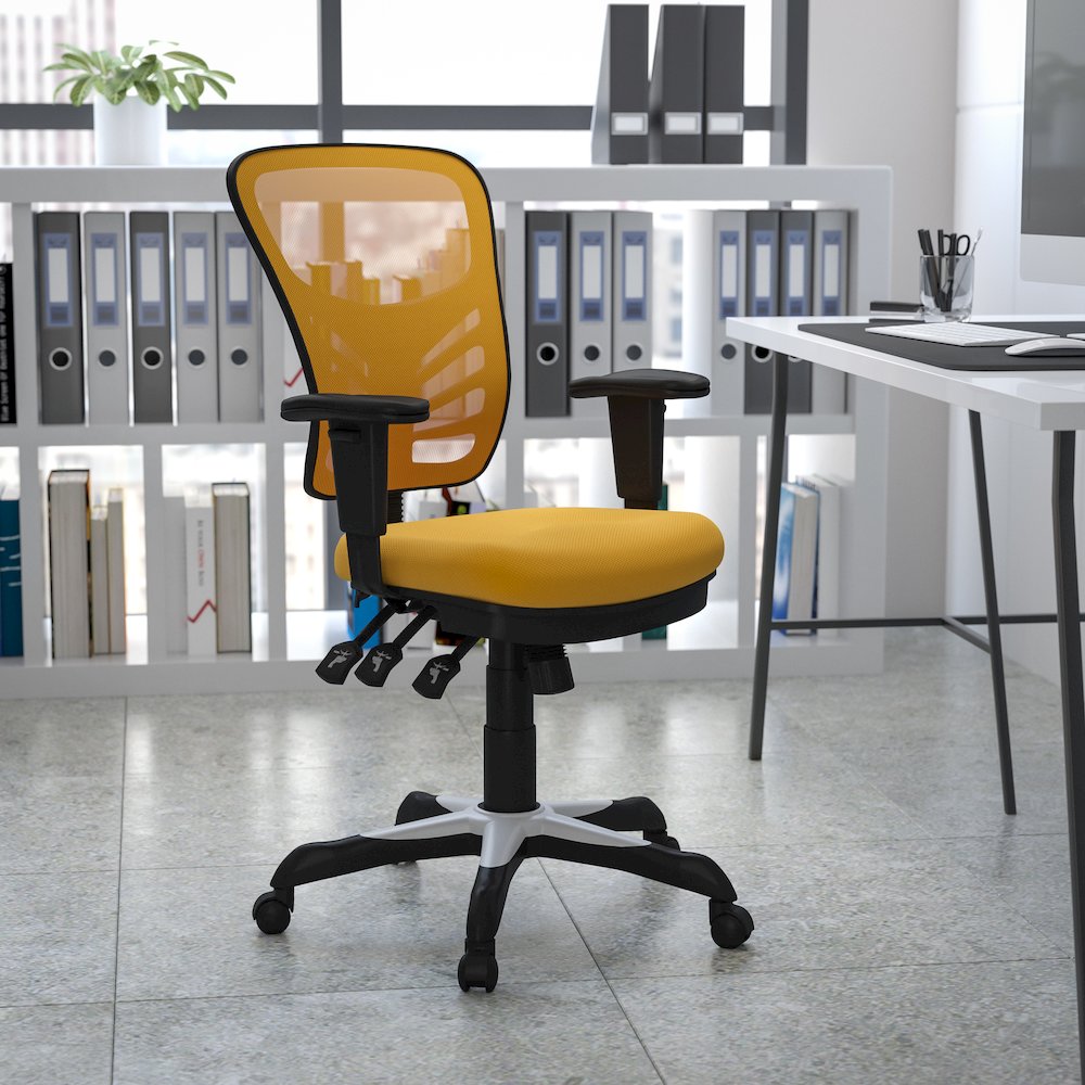 Mid-Back Yellow-Orange Mesh Multifunction Executive Swivel Office Chair. Picture 2