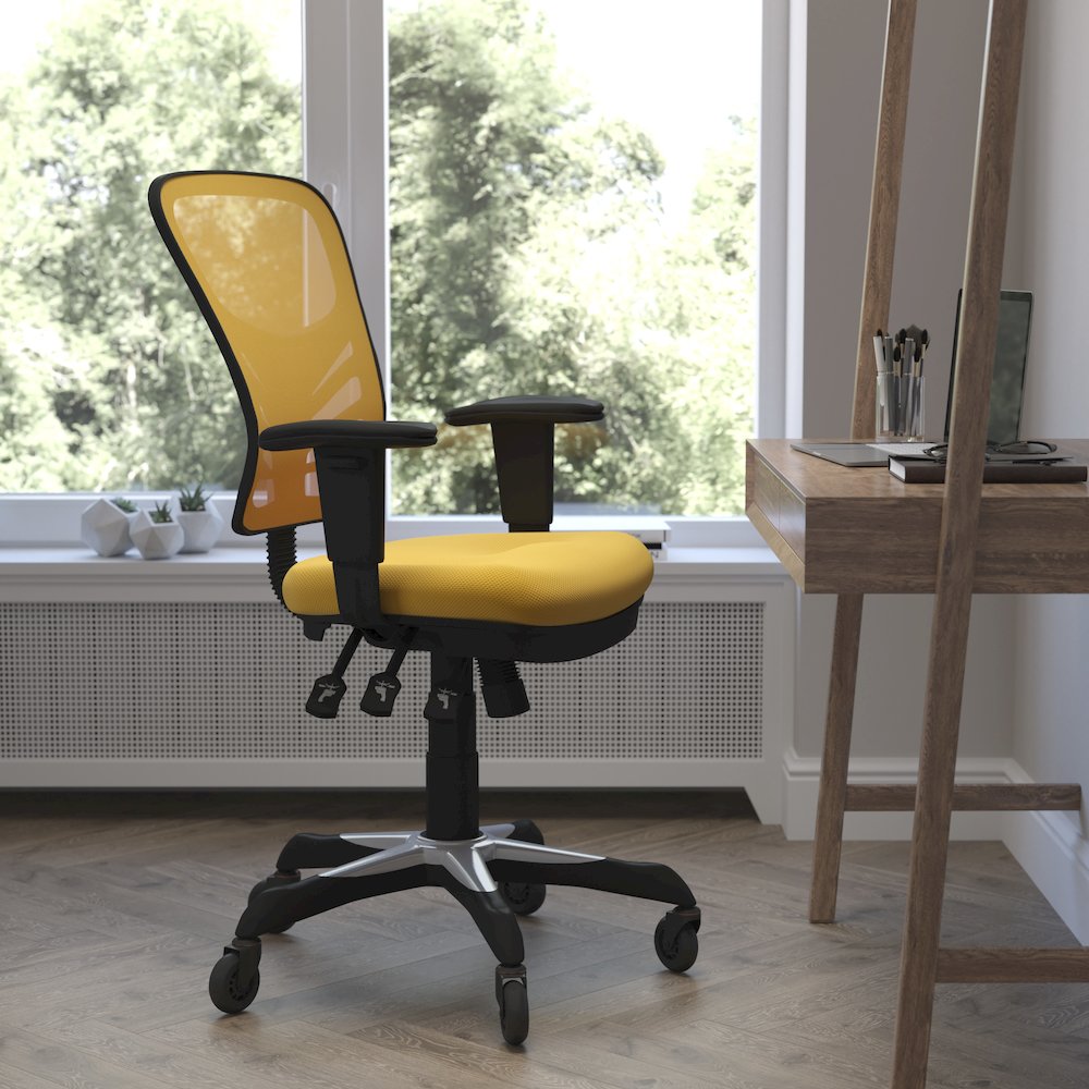Mid-Back Yellow-Orange Mesh Multifunction Executive Swivel Office Chair. Picture 2