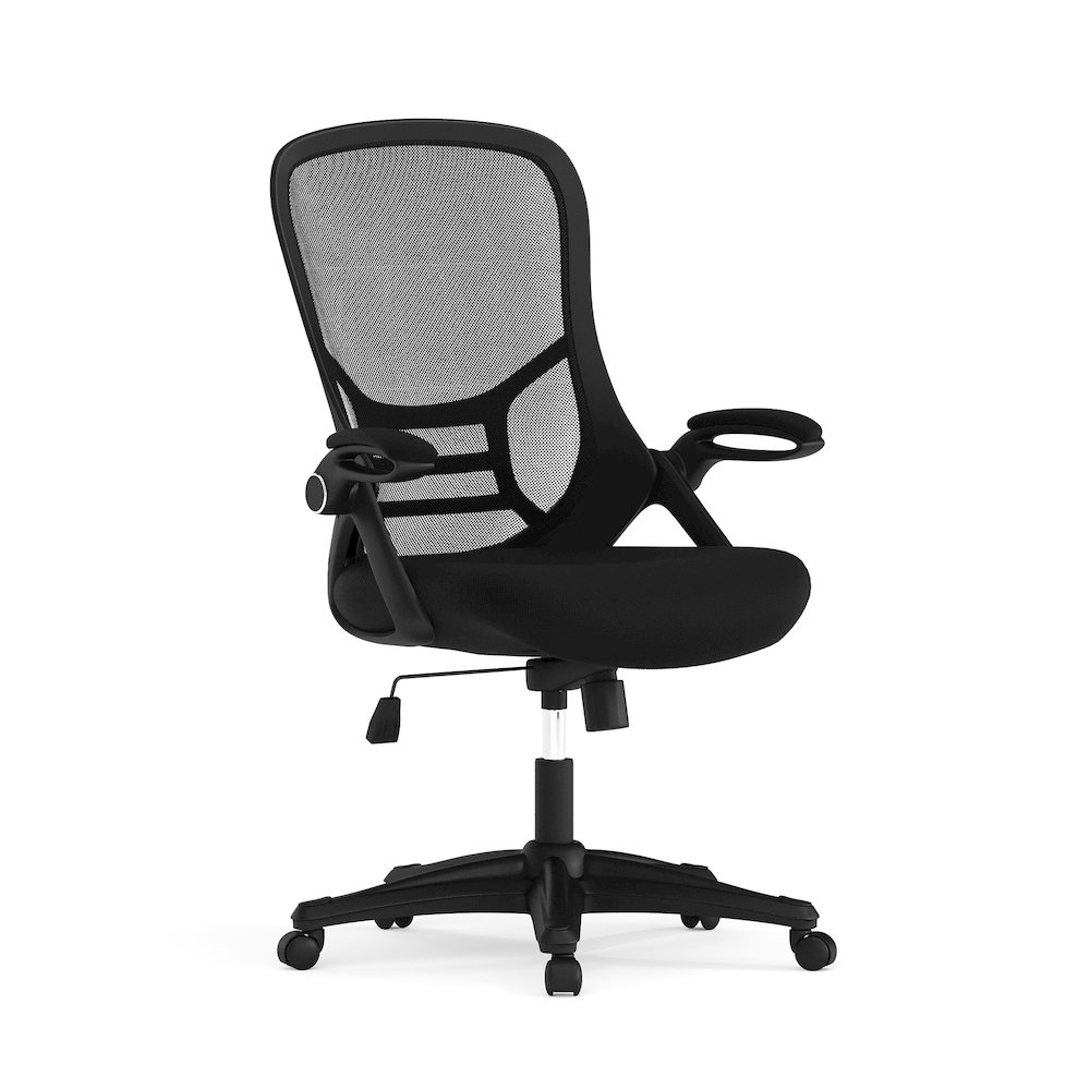 High Back Black Mesh Ergonomic Swivel Office Chair with Black Frame and Flip-up Arms. Picture 1