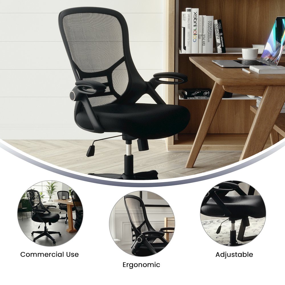 High Back Black Mesh Swivel Office Chair with Black Frame and Flip-up Arms. Picture 6