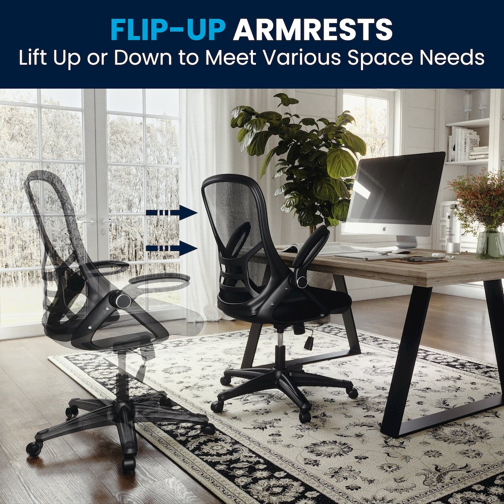 High Back Black Mesh Swivel Office Chair with Black Frame and Flip-up Arms. Picture 8
