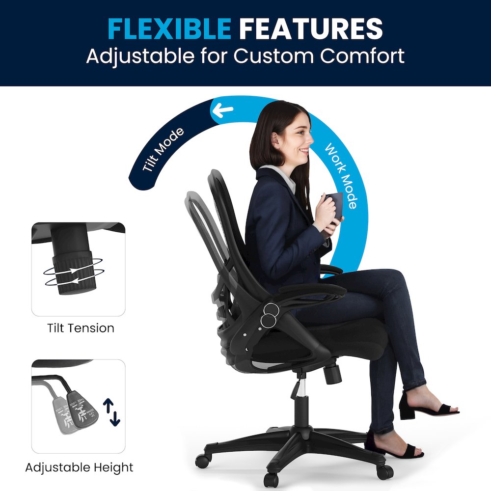 High Back Black Mesh Swivel Office Chair with Black Frame and Flip-up Arms. Picture 9