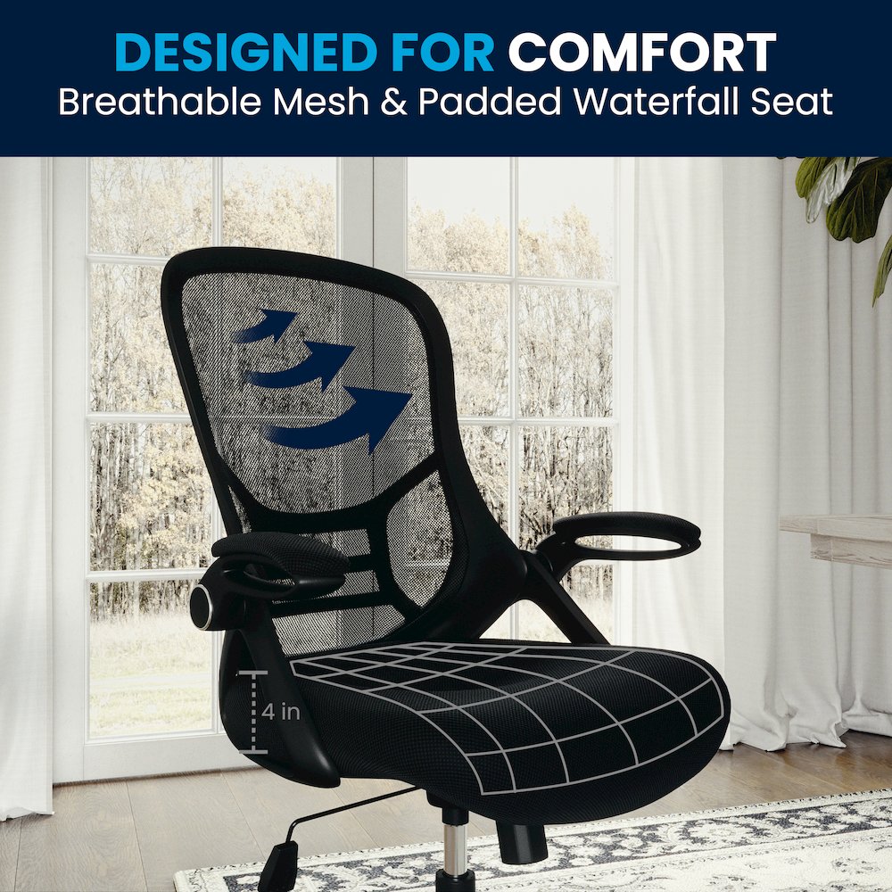 High Back Black Mesh Swivel Office Chair with Black Frame and Flip-up Arms. Picture 10
