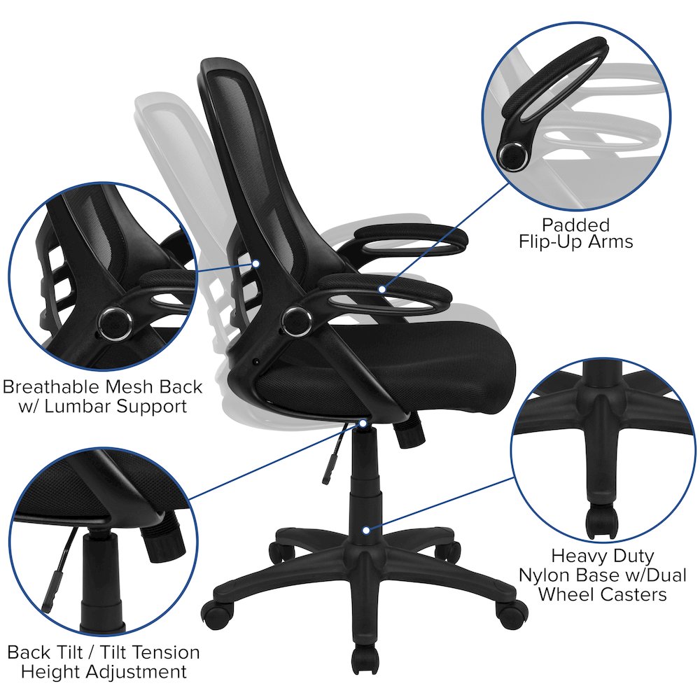 High Back Black Mesh Swivel Office Chair with Black Frame and Flip-up Arms. Picture 11