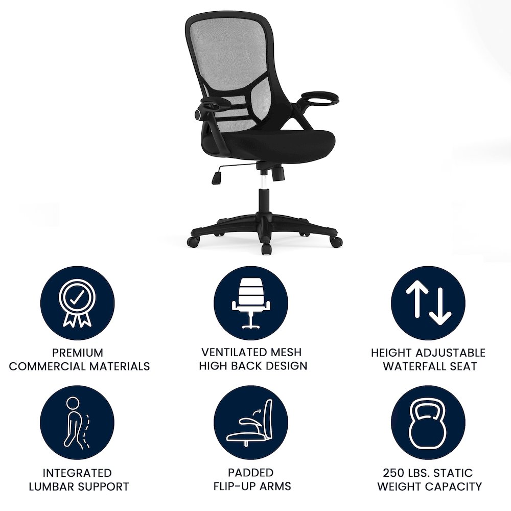 High Back Black Mesh Swivel Office Chair with Black Frame and Flip-up Arms. Picture 5