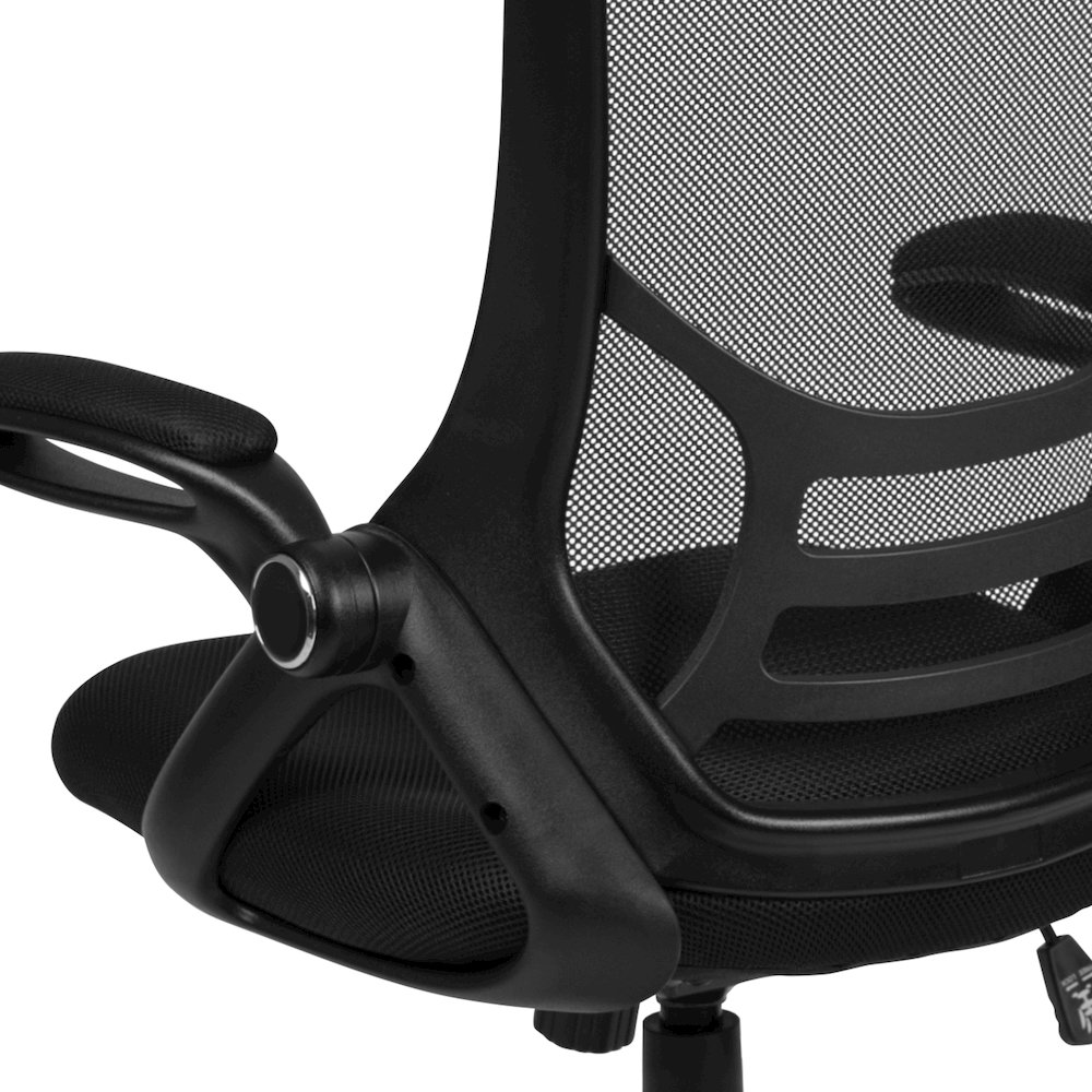 High Back Black Mesh Swivel Office Chair with Black Frame and Flip-up Arms. Picture 17