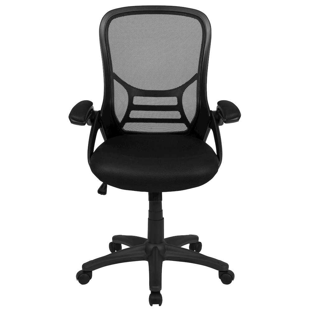 High Back Black Mesh Swivel Office Chair with Black Frame and Flip-up Arms. Picture 19
