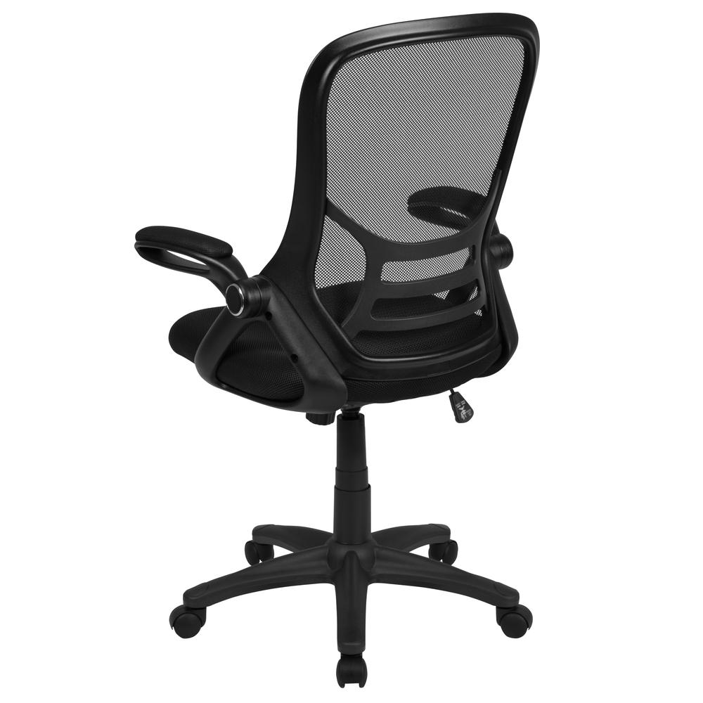 High Back Black Mesh Ergonomic Swivel Office Chair with Black Frame and Flip-up Arms. Picture 4