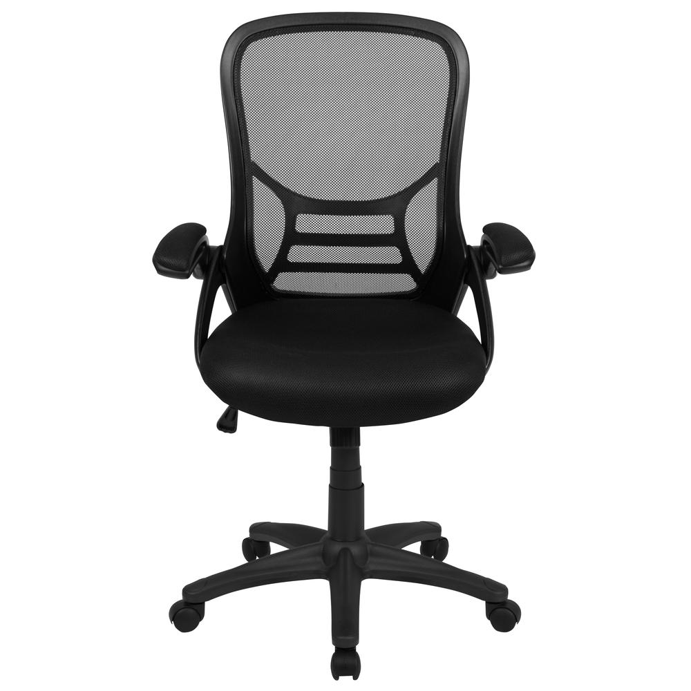 High Back Black Mesh Ergonomic Swivel Office Chair with Black Frame and Flip-up Arms. Picture 5