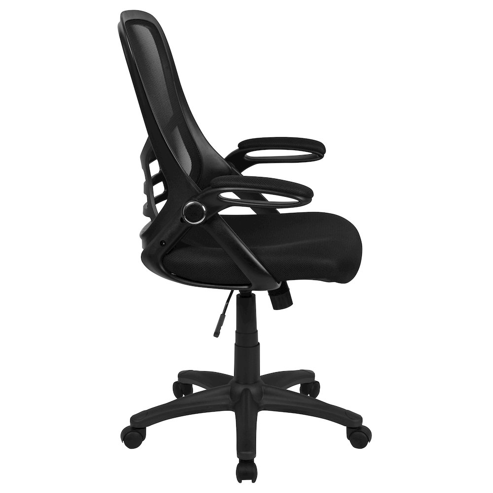 High Back Black Mesh Swivel Office Chair with Black Frame and Flip-up Arms. Picture 18