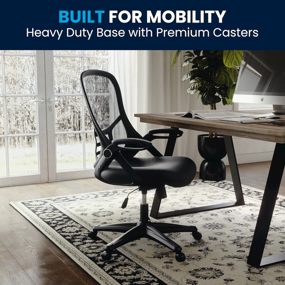 High Back Black Mesh Swivel Office Chair with Black Frame and Flip-up Arms. Picture 13