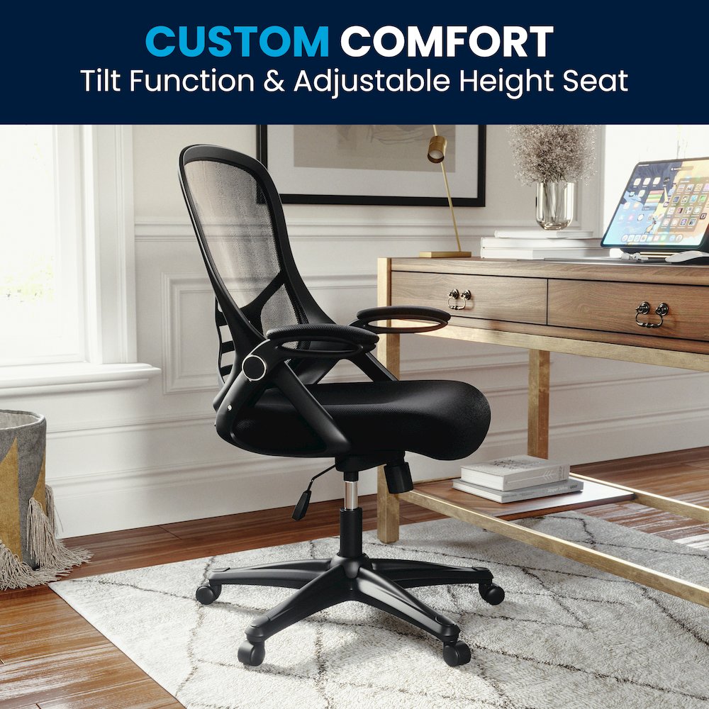 High Back Black Mesh Swivel Office Chair with Black Frame and Flip-up Arms. Picture 14