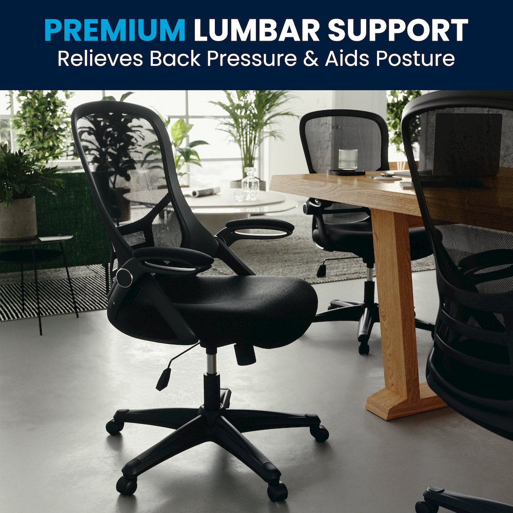 High Back Black Mesh Swivel Office Chair with Black Frame and Flip-up Arms. Picture 15