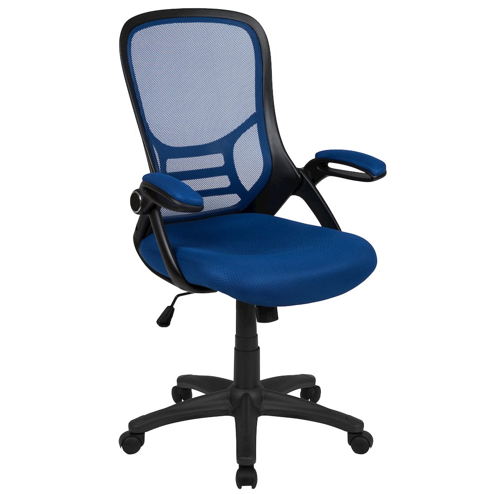 High Back Blue Mesh Swivel Office Chair with Black Frame and Flip-up Arms. Picture 1