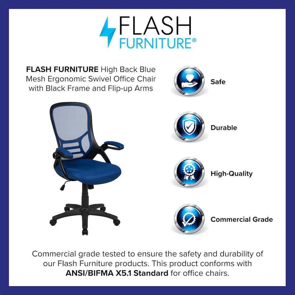 High Back Blue Mesh Swivel Office Chair with Black Frame and Flip-up Arms. Picture 4