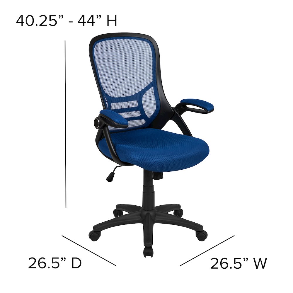 High Back Blue Mesh Swivel Office Chair with Black Frame and Flip-up Arms. Picture 7
