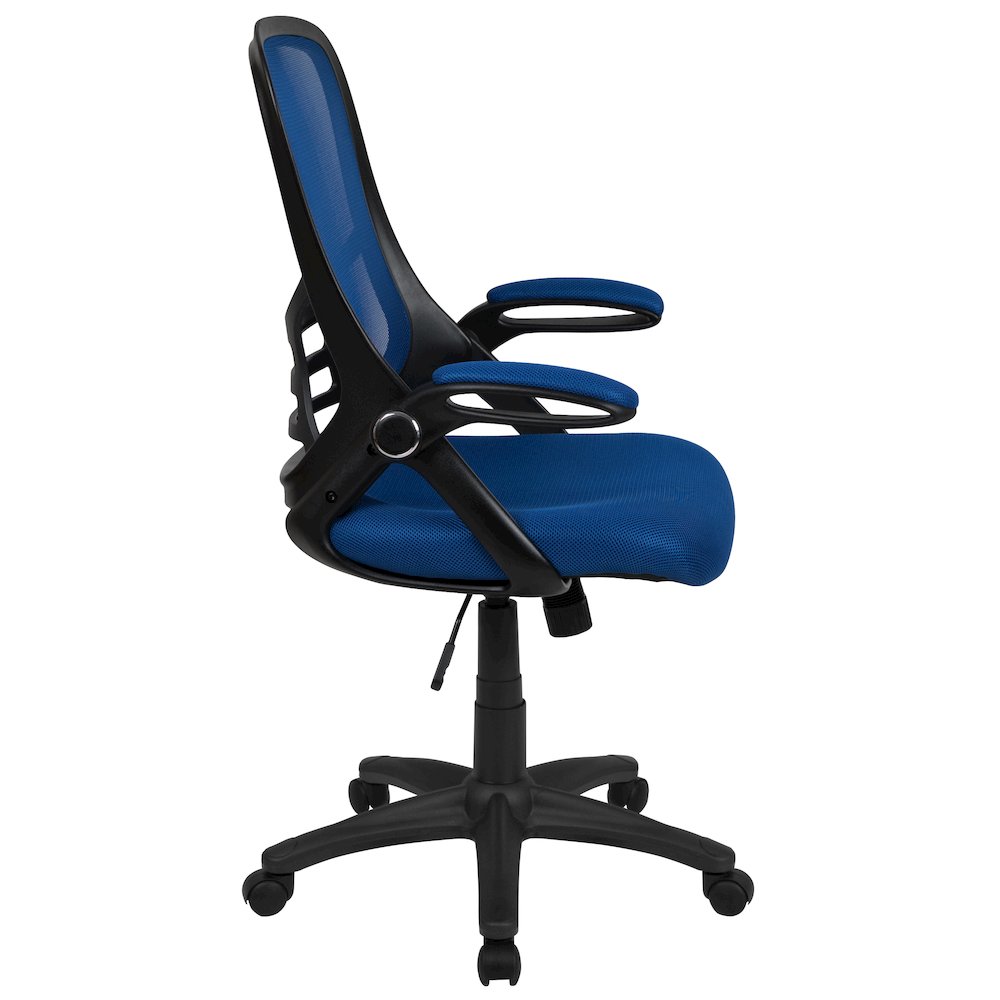 High Back Blue Mesh Swivel Office Chair with Black Frame and Flip-up Arms. Picture 10