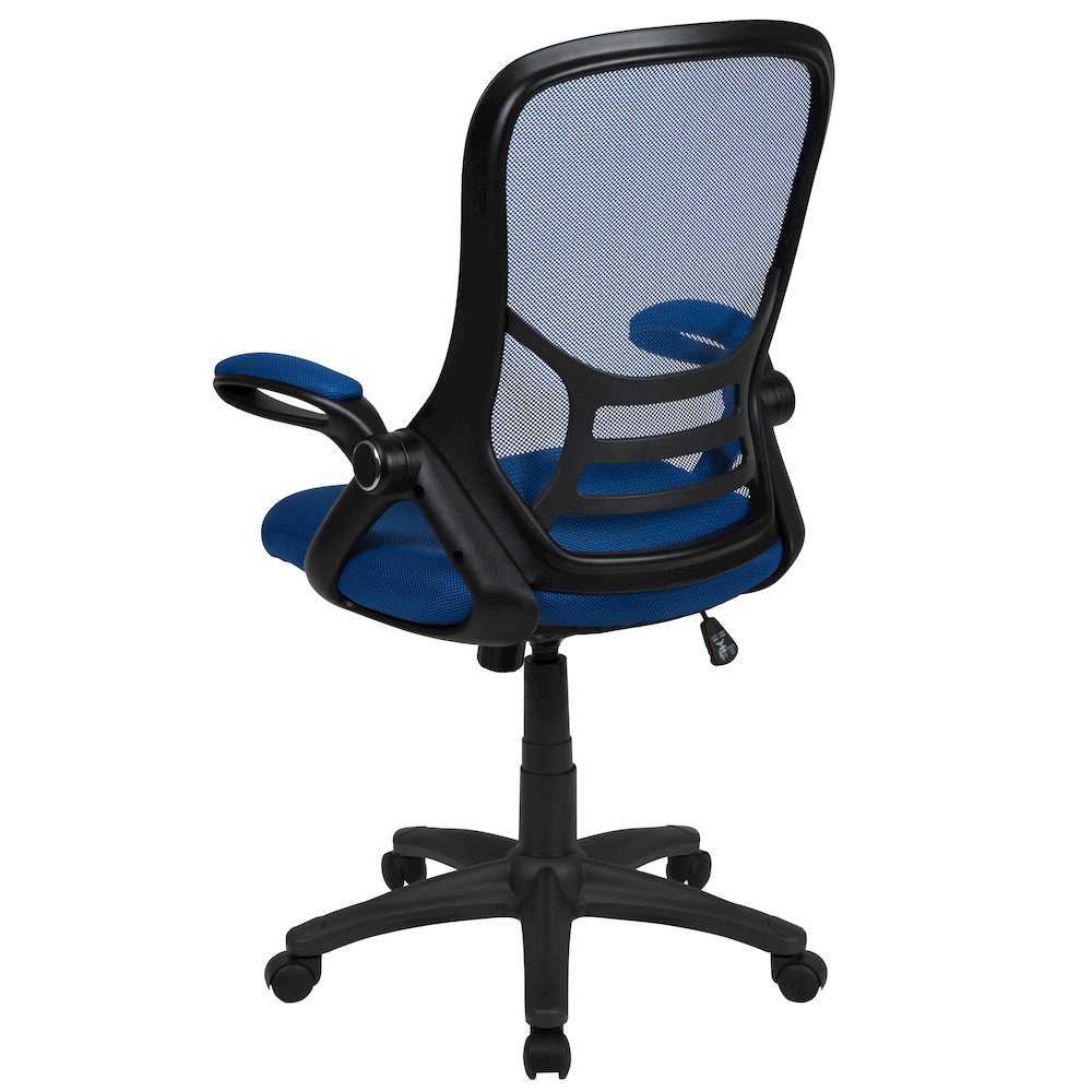 High Back Blue Mesh Swivel Office Chair with Black Frame and Flip-up Arms. Picture 8
