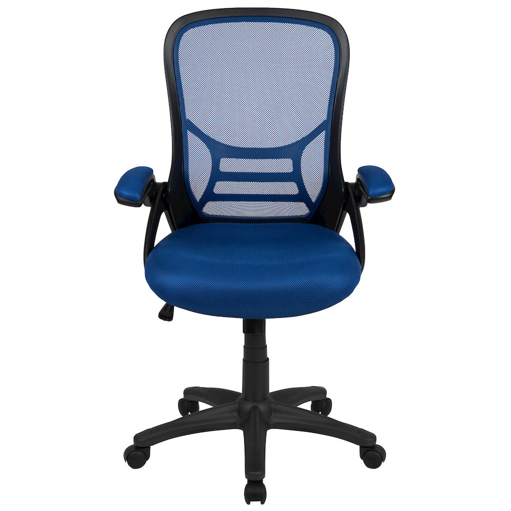 High Back Blue Mesh Swivel Office Chair with Black Frame and Flip-up Arms. Picture 11