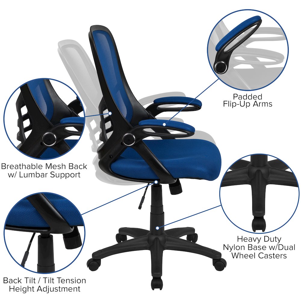 High Back Blue Mesh Swivel Office Chair with Black Frame and Flip-up Arms. Picture 6