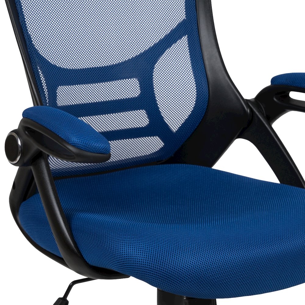 High Back Blue Mesh Swivel Office Chair with Black Frame and Flip-up Arms. Picture 9