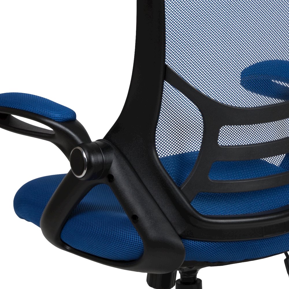High Back Blue Mesh Swivel Office Chair with Black Frame and Flip-up Arms. Picture 14