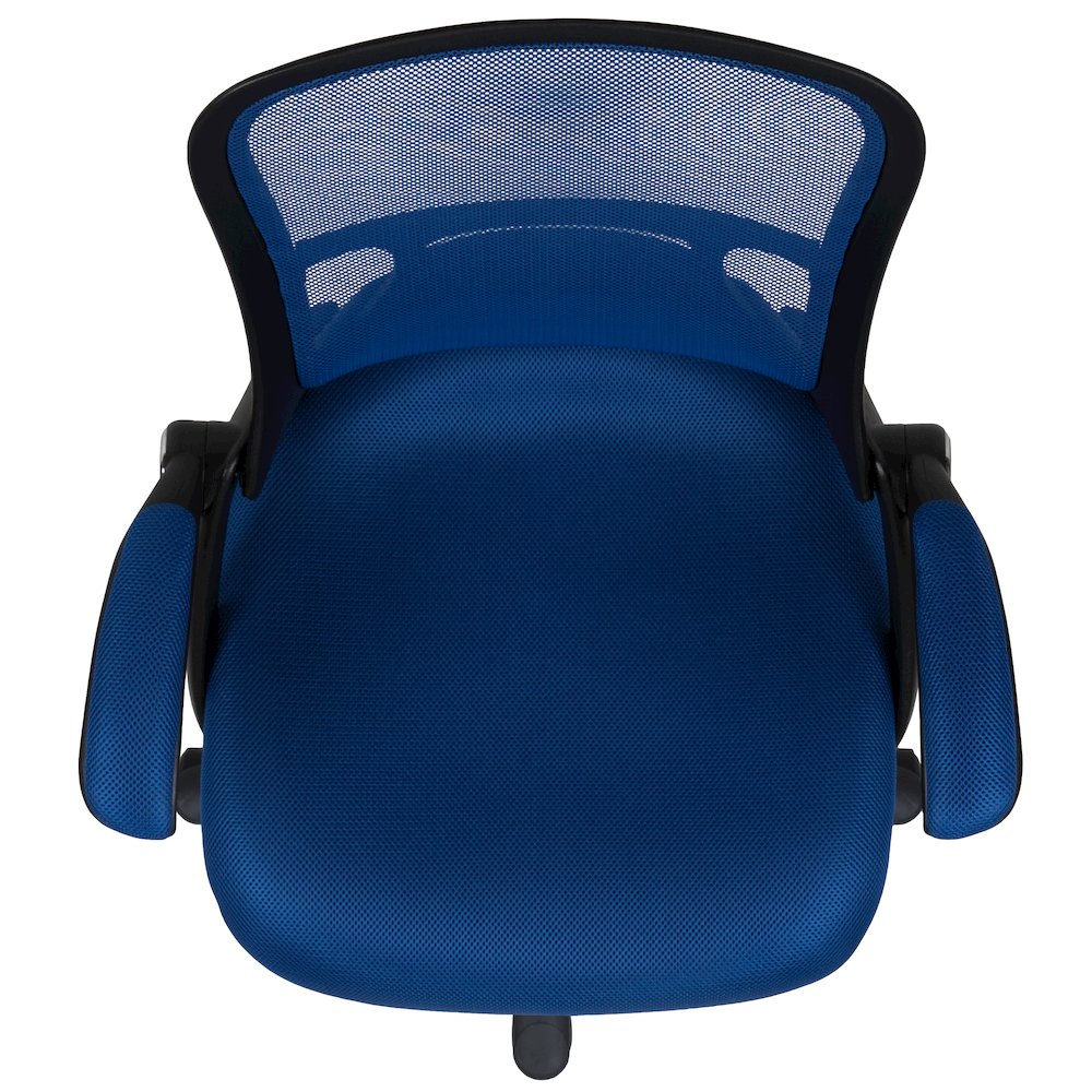 High Back Blue Mesh Swivel Office Chair with Black Frame and Flip-up Arms. Picture 12