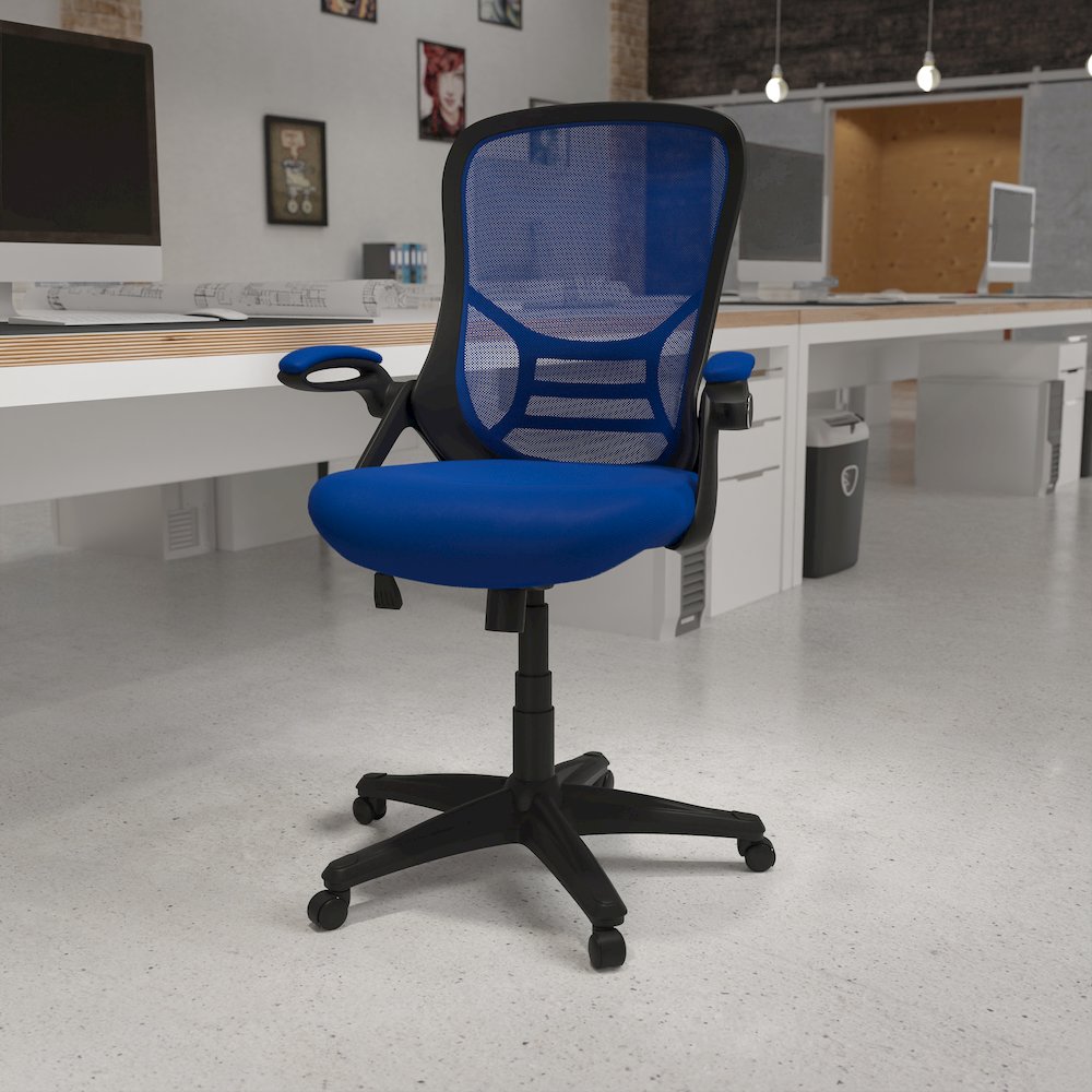 High Back Blue Mesh Swivel Office Chair with Black Frame and Flip-up Arms. Picture 2