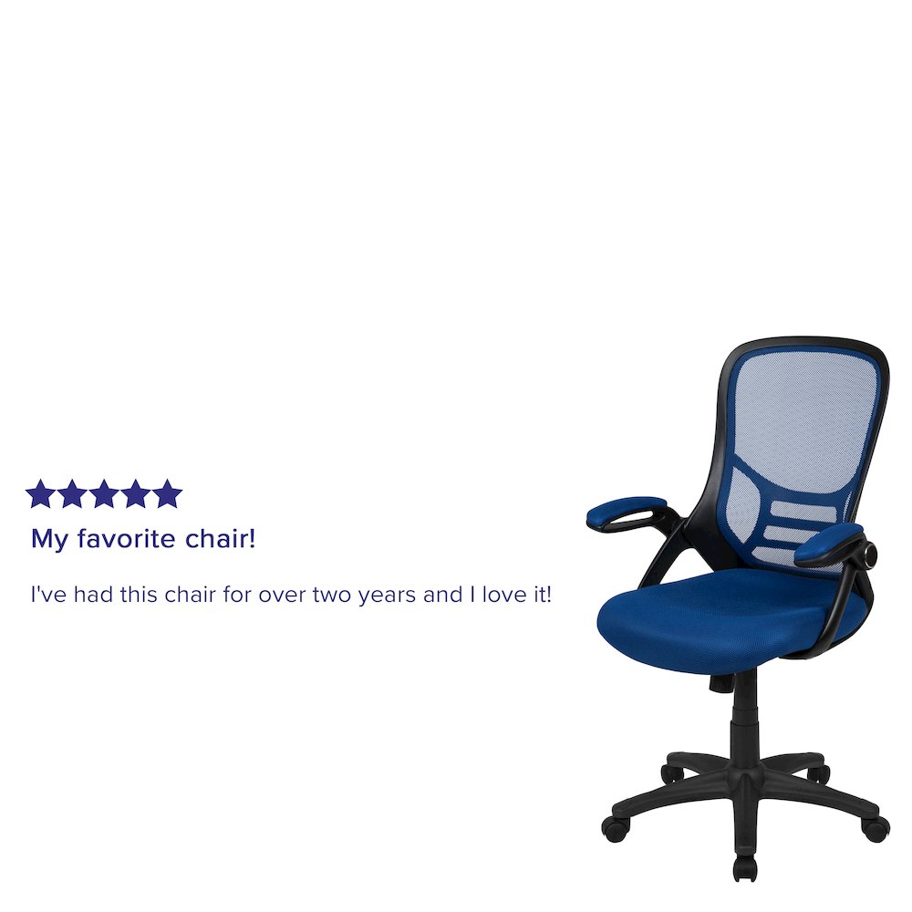 High Back Blue Mesh Swivel Office Chair with Black Frame and Flip-up Arms. Picture 5
