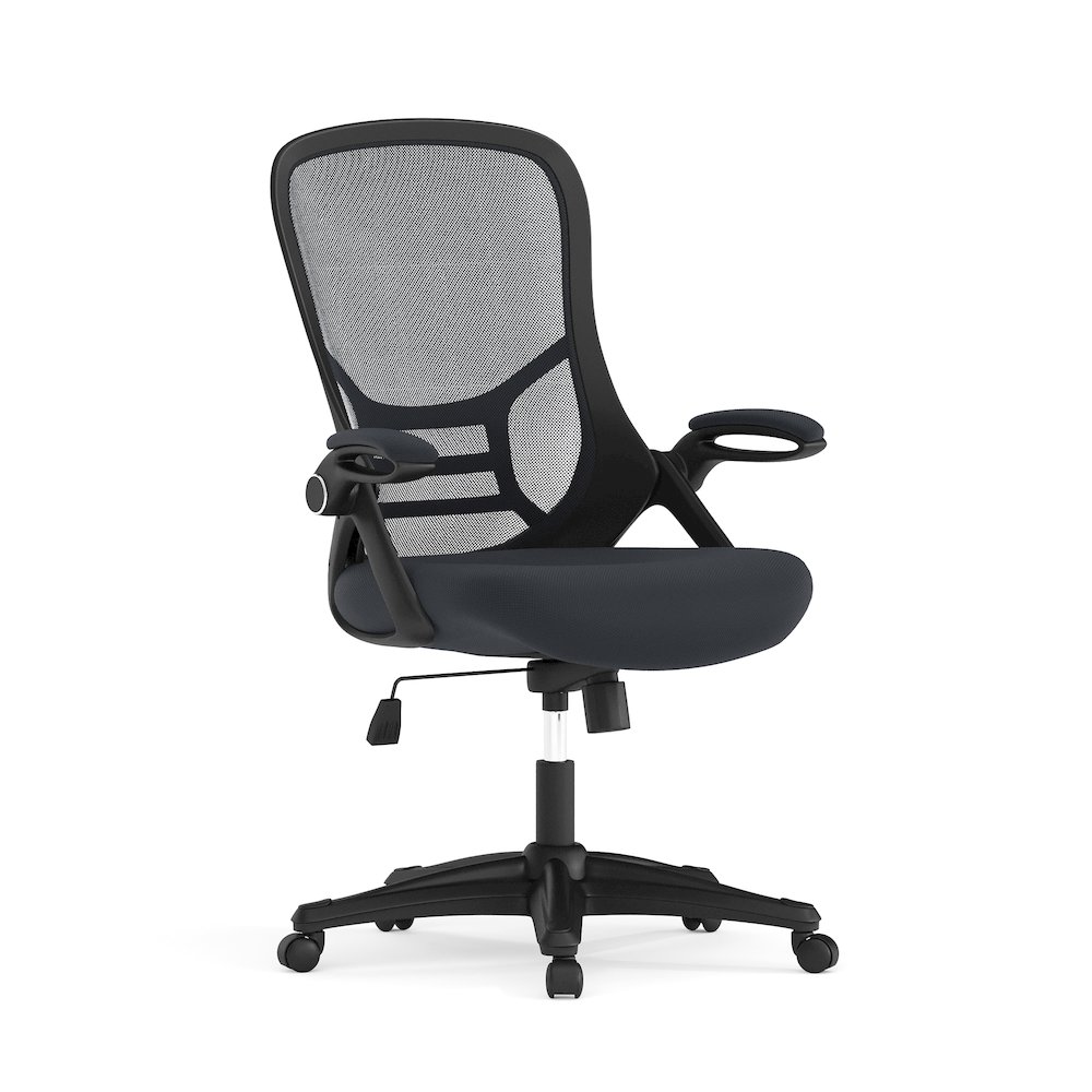 High Back Dark Gray Mesh Swivel Office Chair with Black Frame and Flip-up Arms. Picture 3
