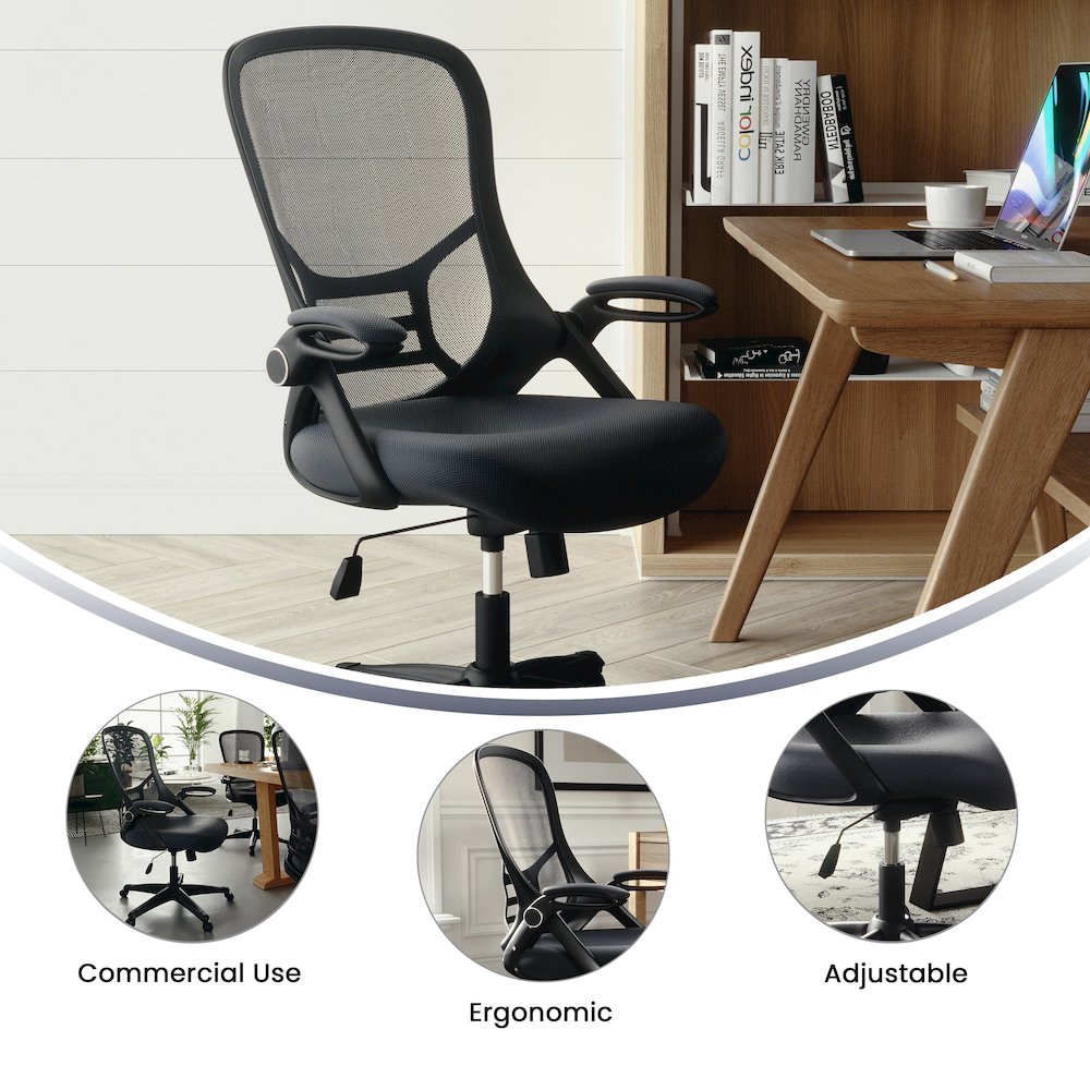 High Back Dark Gray Mesh Swivel Office Chair with Black Frame and Flip-up Arms. Picture 6