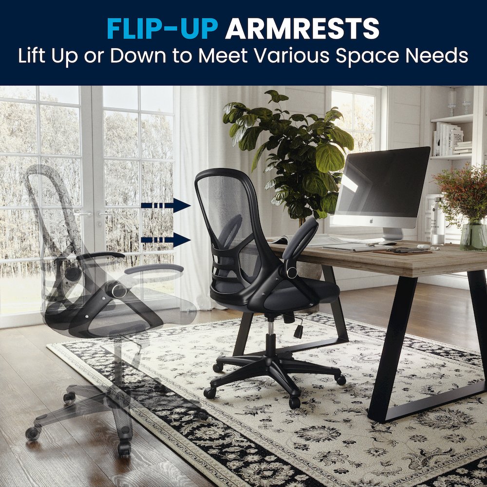 High Back Dark Gray Mesh Swivel Office Chair with Black Frame and Flip-up Arms. Picture 8