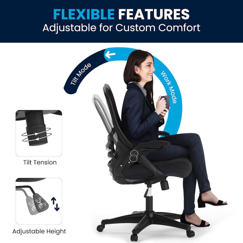 High Back Dark Gray Mesh Swivel Office Chair with Black Frame and Flip-up Arms. Picture 9