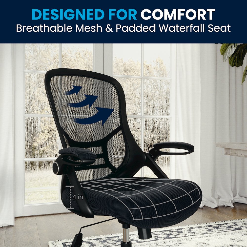 High Back Dark Gray Mesh Swivel Office Chair with Black Frame and Flip-up Arms. Picture 10