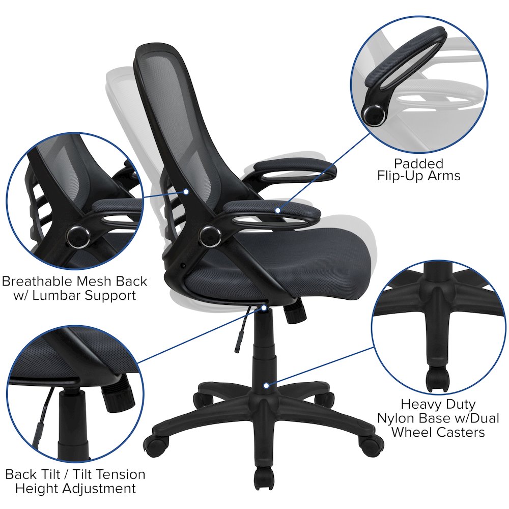 High Back Dark Gray Mesh Swivel Office Chair with Black Frame and Flip-up Arms. Picture 11