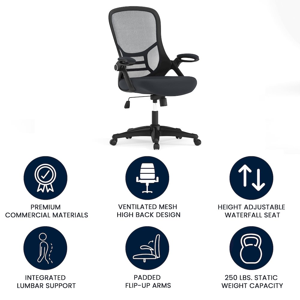 High Back Dark Gray Mesh Swivel Office Chair with Black Frame and Flip-up Arms. Picture 5