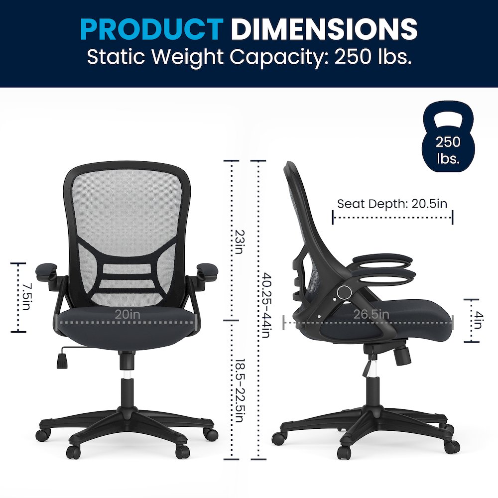 High Back Dark Gray Mesh Swivel Office Chair with Black Frame and Flip-up Arms. Picture 12