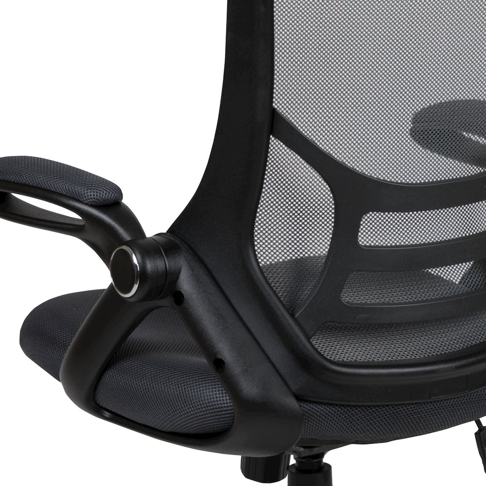 High Back Dark Gray Mesh Swivel Office Chair with Black Frame and Flip-up Arms. Picture 17