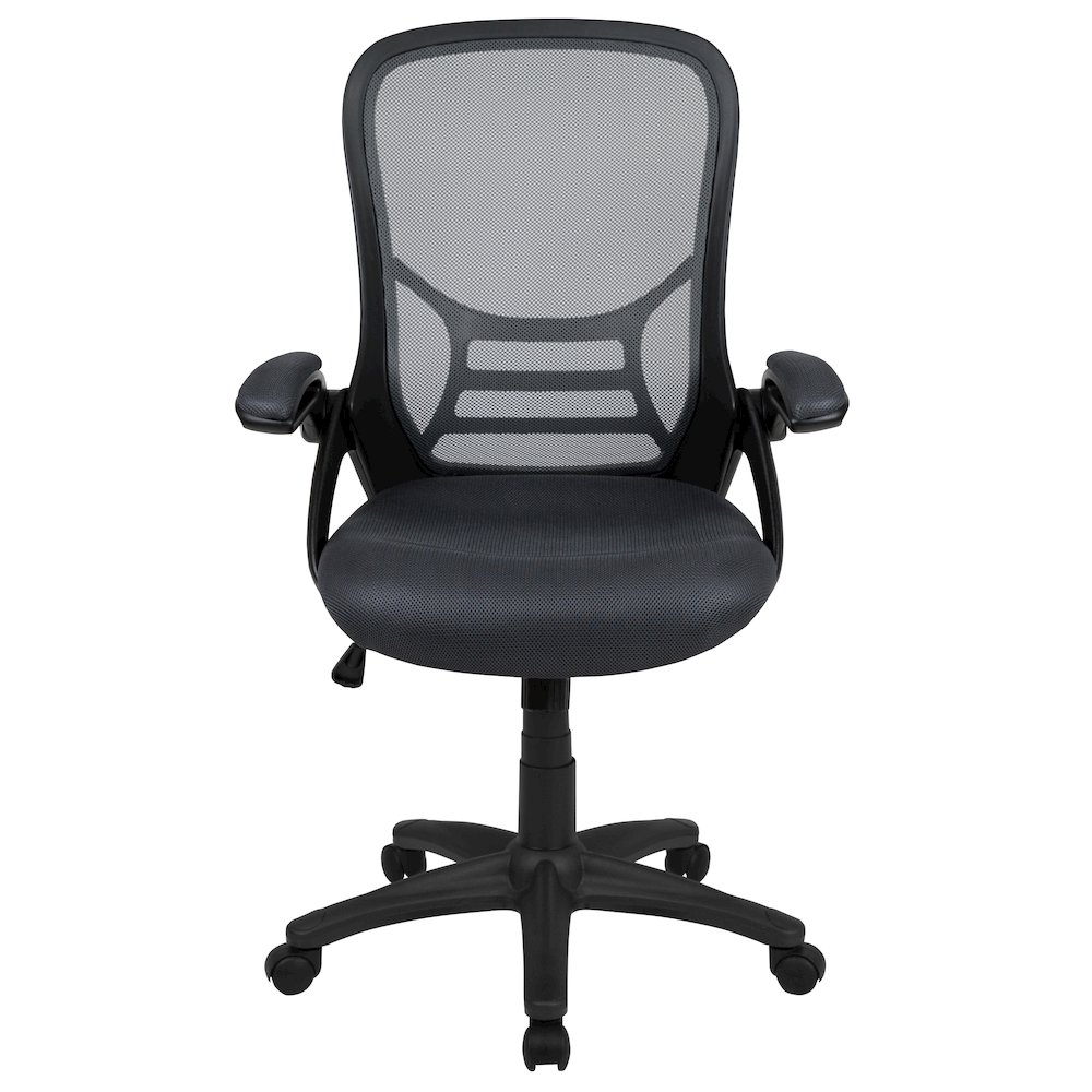 High Back Dark Gray Mesh Swivel Office Chair with Black Frame and Flip-up Arms. Picture 19
