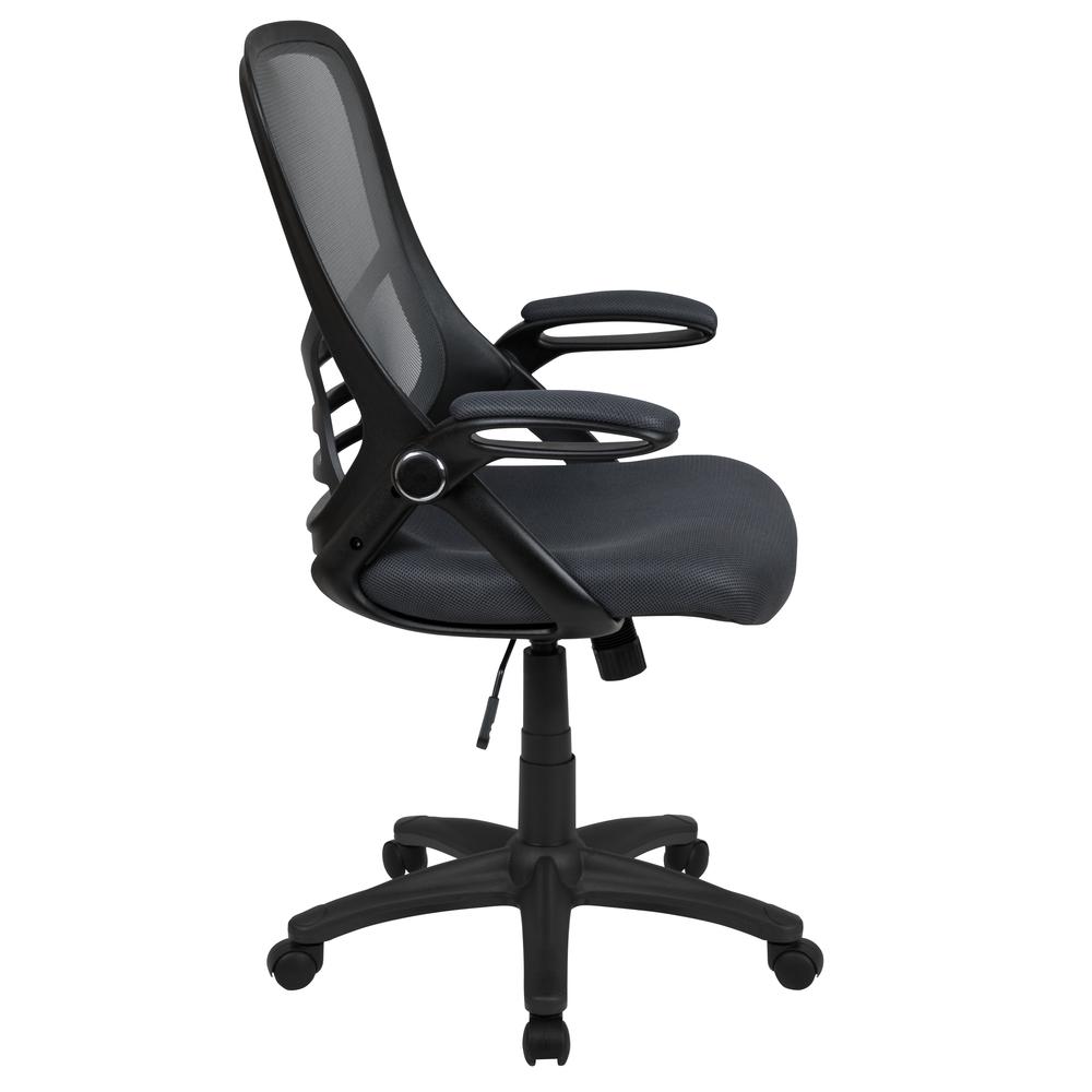 High Back Dark Gray Mesh Ergonomic Swivel Office Chair with Black Frame and Flip-up Arms. Picture 3