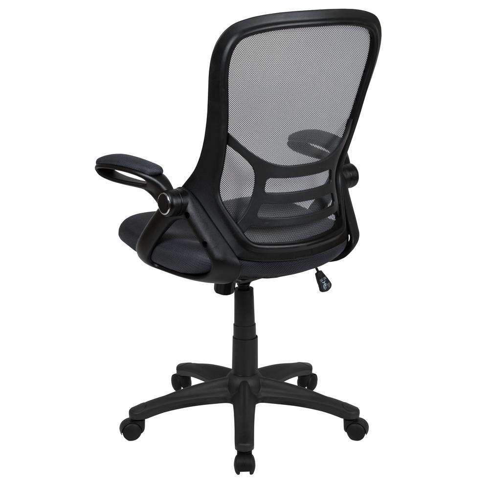 High Back Dark Gray Mesh Ergonomic Swivel Office Chair with Black Frame and Flip-up Arms. Picture 4